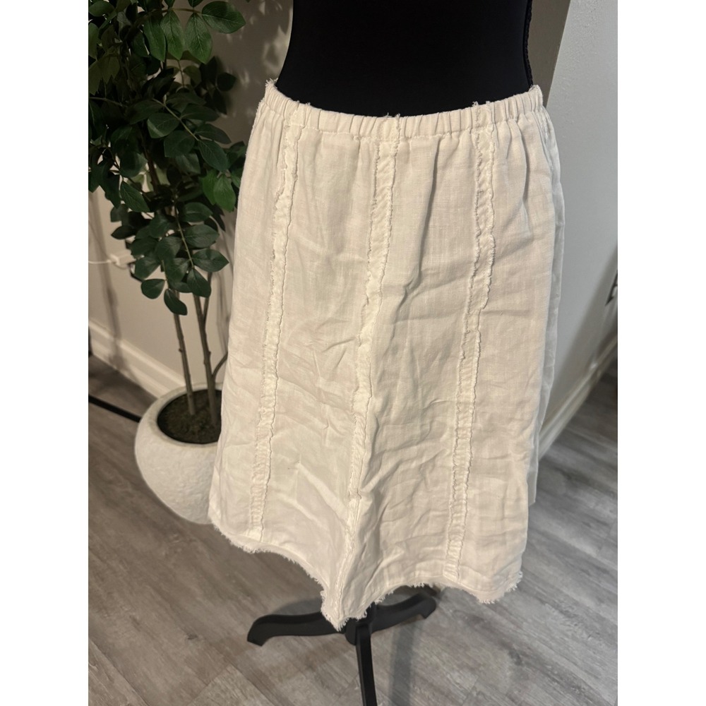 Soft Surroundings White Linen Midi Skirt Elastic Waist Raw Edge Seam Detail